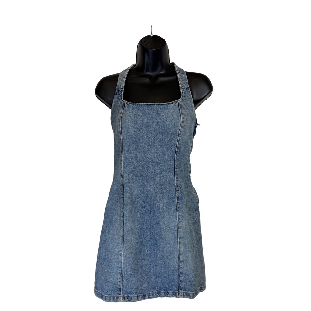 Zara Indie Sleaze Light Wash Denim Open Back Halter Mini Dress